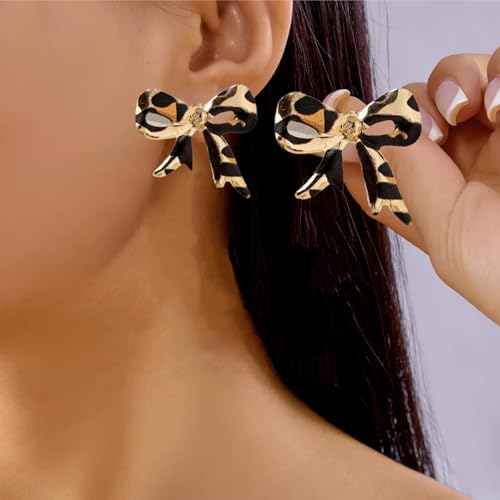 Boho Leopard Earrings for Women Bow Knot Statement Earrings Cheetah Exaggerate Earring Trendy Costume Jewelry Gift - color: Gold