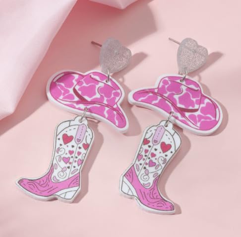 Western Cowboy Style Pink Heart Hat & Boot Acrylic Earrings Boho Festival Stackable Jewelry for Women - color: C