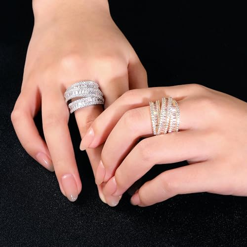 MDFUN 18K White Gold/Yellow Gold Plated Halo Wedding Eternity Ring for Women, 3 Rows Emerald Cut Cubic Zirconia Rings Statement Band Size 5-10 - color: Yellow Gold