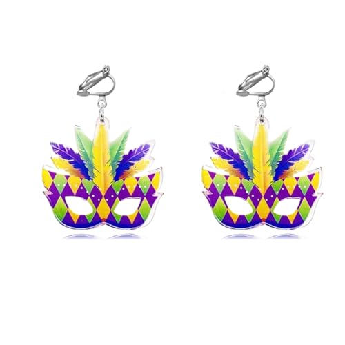 Mardi Gras Clip on Earrings for Women Boho Acrylic Parade Lette Mardi Gras Carnival Clip on Earrings Holiday Festival Jewelry Gifts Accessory - color: mask