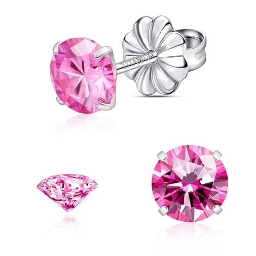 Moissanite Stud Earrings, G23 Hypoallergenic Titanium Stud Earrings for Women Men, Round Cut D Color VVS1 Clarity 18K White Gold Palted Multicolor Moissanite Jewelry, 0.6CT-3.0CT - color: Pink, size: (0.5ct*2)-5mm-1.0 Carat