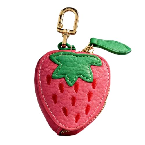 Coin Purse Keychain for Women, Cute Mini Leather Bag Charm & Coin Pouch, Small Fruit Wallet Keychain with Zipper - color: Strawberry