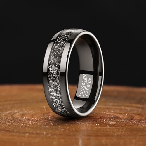 Vakki Personalized Black Tungsten Ring for Men Women Wedding Band Meteorite Inlay Custom Engraved Engagement Ring Polished Domed Comfort Fit Size 7-12 - color: C-Customized