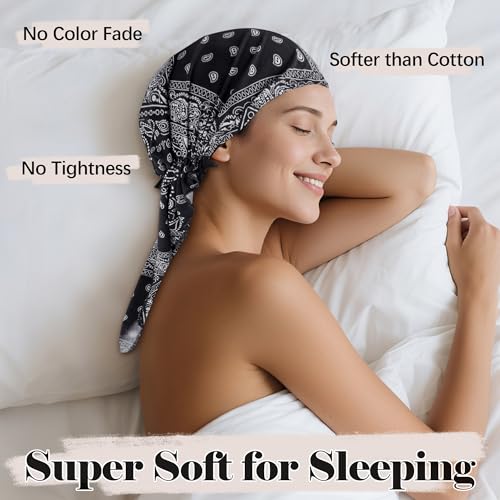 Ababalaya Chemo Headwear for Women Softer Headcover with Longer Tails, Breathable Skull Cap Non-Slip Sleep Beanie - color: Blackpaisley