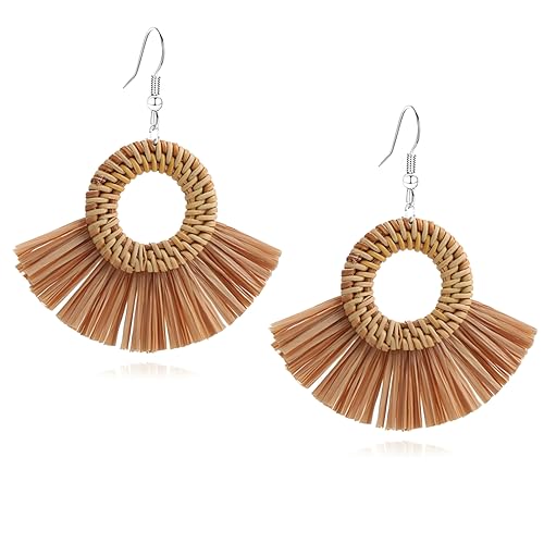 Boho Summer Beach Earrings for Women Lightweight Straw Wicker Earring Statement Raffia Fan Round Tassel Dangle Drop Earrings Hawaii Jewelry - style: Brown Round