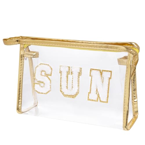 Clear Preppy Patch Makeup Bag, Sun Chenille Letter Bag for Beach, Pouch With Zipper, Travel Cosmetic Toiletry Bag for Women Girls Teens (Gold) - color: Gold