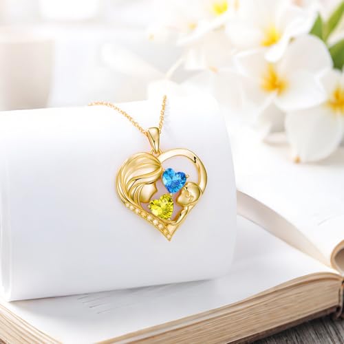 Mothers Day Gifts 14K Yellow Gold Mother Daughter Heart Pendant Necklace with 12 Months Birthstone Birthday Gifts for Mom Anniversarry Jewelry for Mom Wife Girlfriend - color: 11-12-Nov-Dec Birthstone