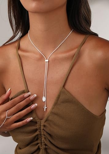 CHESKY Long Necklaces for Women, 14k Gold Plated/Streling Silver Lariat Necklace Dainty Statement Prom Necklace Rosary Cross Sun Drop Pendant Dangle Necklace Gold Prom Jewelry for Women Gifts - style: y necklace 11
