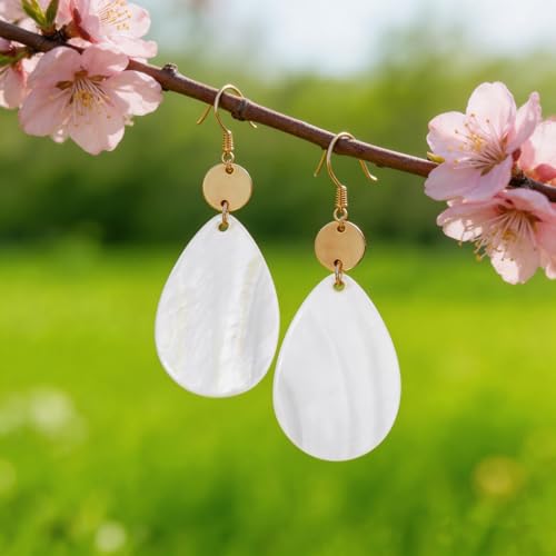 Elisheva Bohemian Lightweight Mother of Pearl Shell Drop Dangle Earrings for Women, Boho Chic Hippie Waterdrop Statement Jewelry Gift - color: white