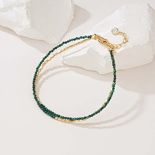 Fettero Beaded Bracelets for Women Charm Natural Stone Handmade Beads White Gold Plated Dainty Gold Bracelets Non Tarnish Boho Summer Beach Vacation Jewelry - color: Green Square-Malachite