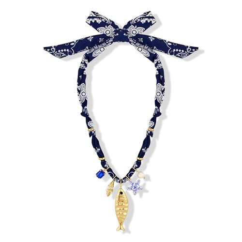 Gold Fish Necklace For Women Blued Beaded Strand Toggle Necklace With Gold Fish Pendants Dainty Summer Beach Turquoise Jewelry - style: Scarf Strand