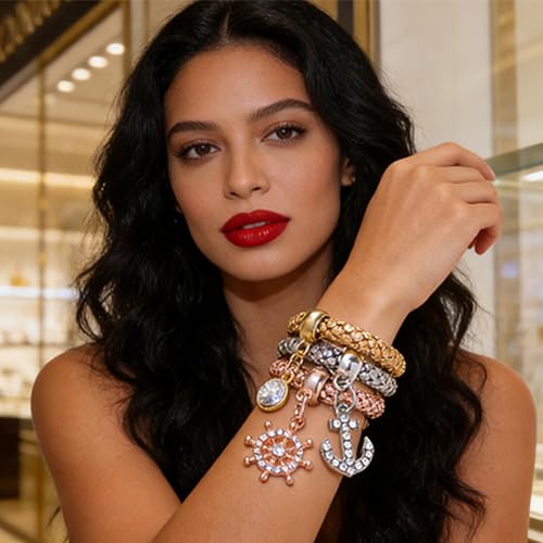 Alegend Titanium Steel (Not Rust, Resist Corruption, Easily Clean) 18K Gold Plated Single Bracelets + 14K Gold Plated Stackable Multilayer Bracelets - style: 14KGold Anchor & Ship Wheel Diamond-Inlaid