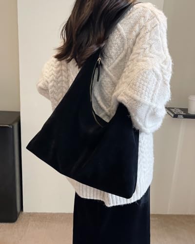 Womens Fashion Suede Shoulder Bags Large Tote Bag Retro Purse Handbag Casual Work Ladies Top Handle Satchel - color: B-black1