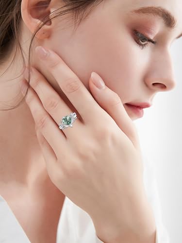 Natural Moss Agate Ring for Women 925 Sterling Silver Pear/Oval/Kite/Heart/Hexagon/Emerald/Coffin Cut Green Leaf Moss Agate Engagement Ring Promise Bridal Set Anniversary Birthday Jewelry Gifts - color: Heart Cut Moss Agate