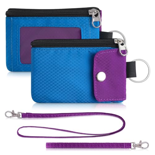 Artpaxy Minimalist Wallet For Mens Womens, Keychain RFID Blocking Zipper Small Wallet with ID Window 2 Lanyards,Water Resistant Travel Cash Card Coin Case Boys Girls - color: Sky blue+Purple, style: Casual