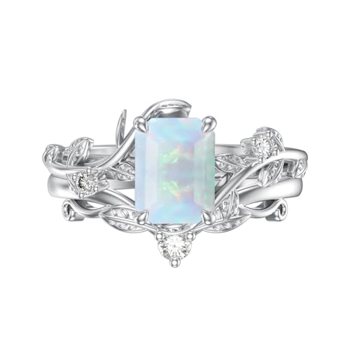 Natural Moss Agate Ring for Women 925 Sterling Silver Pear/Oval/Kite/Heart/Hexagon/Emerald/Coffin Cut Green Leaf Moss Agate Engagement Ring Promise Bridal Set Anniversary Birthday Jewelry Gifts - color: Emerald Cut Opal