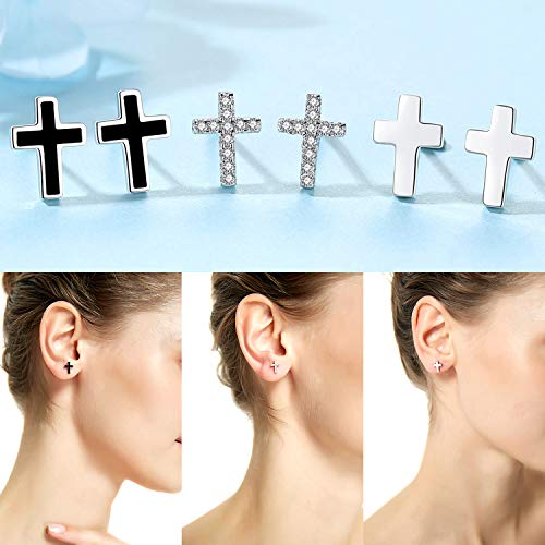 REVEMCN 925 Sterling Silver and Stainless Steel Cross Stud Earrings for Women Men, 3 Pairs - color: 3 Pairs