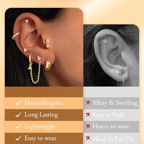 Turandoss Gold Earring for Women, 14K Gold Plated Hypoallergenic Chain Earring Dainty Huggie Flat Back Earrings Earring Stack for Multiple Piercings