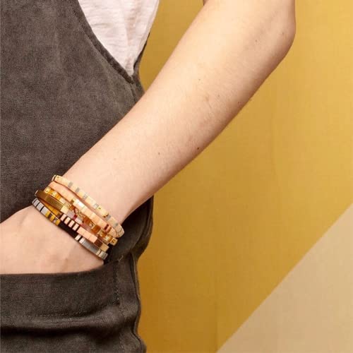 Sonateomber Tila Flat Beaded Stretch Bracelets for Women, Trendy Unique Colorful Square Beads Handmade Stack Bracelet Friendship Accessories Fashion Jewelry Gift - color: Gold