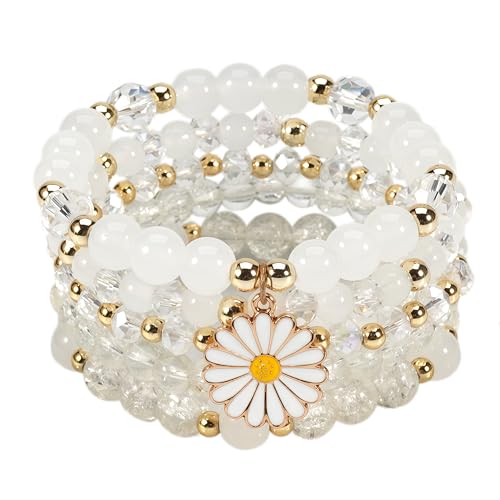 LOTSOF Boho Flower Beaded Bracelet Set for Women - Multilayer Crystal & Flower Charm Stackable Bracelets, Fashion Jewelry Gift for Her - color: White