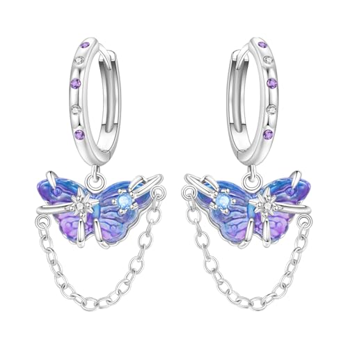925 Sterling Silver Dangle Earrings for Women, Butterfly&Bee Animals Design, Hypoallergenic Jewelry gifts - color: Purple butterfly earrings