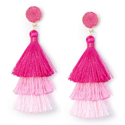 Me&Hz Colorful Layered Tassel Earrings Bohemian Statement Tiered Tassel Big Dangle Drop Earrings for Women Druzy Studs Valentine’s Day Gift - color: Pink ombre