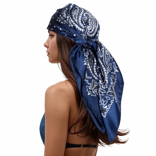 RIIQIICHY Head Scarf for Women Like Silk Scarf Hair Scarf Printed Square Scarf Bandanas for Women 35 Inches - color: Navy/White/Black
