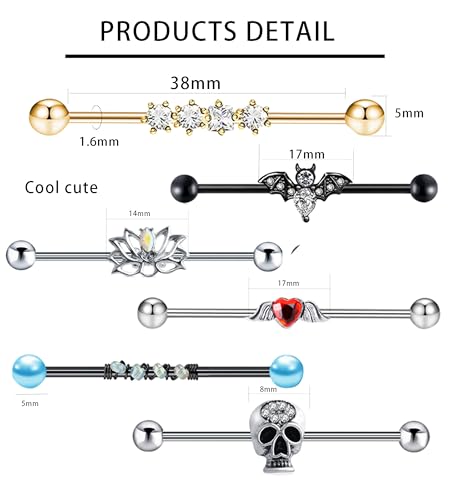 Suotarn 14G Industrial Piercing Jewelry For Women Men Stainless Steel 38 Industrial Barbell Long Cartilage Helix Conch Earrings Stud 14G Gauges Industrial Jewelry Butterfly Heart Cool 7-18pcs - color: set #2