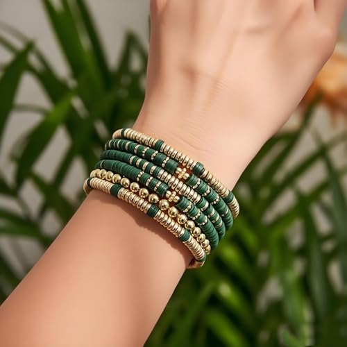 Heishi Clay Bead Bracelets Pack for Women Boho Friendship Stretch Bracelets Set Stackable Gold Beads Bracelets Jewelry for Gift