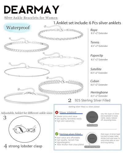 DEARMAY 14K Gold Plated Ankle Bracelets for Women Waterproof - Dainty 6Pcs Anklets Layered Cuban Link Chain Herringbone Cute Anklets Set Pack Summer Beach Jewelry Gift for Women Teen - color: Silver Anklet A