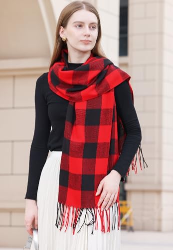 Wander Agio Women's Fashion Long Shawl Big Grid Winter Warm Lattice Large Scarf - color: Red Black Plaid