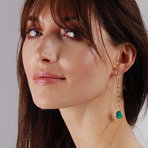 Simulated Druzy Threader Earrings for Women - Gold, Silver, or Rose Gold Tone Long Chain Earrings with Boho Created Geode Stone - color: Gold - Blue Green Stone
