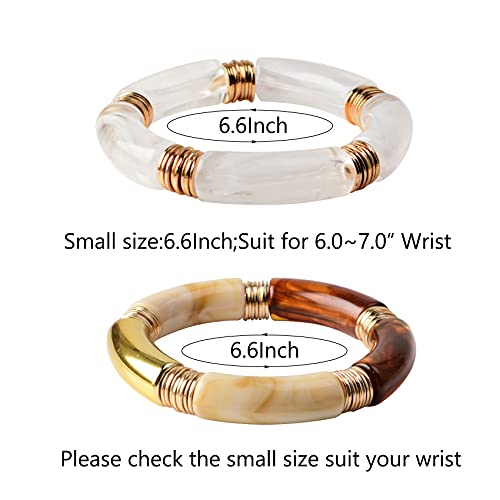 GOOJIDS Simple Beaded Gold Plated Bangles Bracelet Chunky Bamboo Tube Curved Stacking Clear Acrylic Colorful Beads Stretchable Gold Plated Bracelets Set For Women - color: S-Small size Gold 3PCS Set