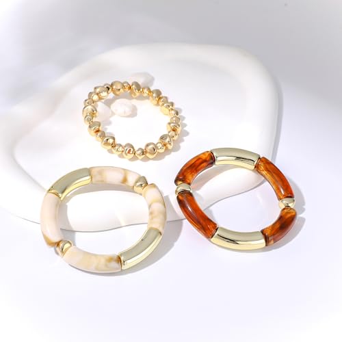 GOOJIDS Simple Beaded Gold Plated Bangles Bracelet Chunky Bamboo Tube Curved Stacking Clear Acrylic Colorful Beads Stretchable Gold Plated Bracelets Set For Women - color: T-Gold&Brown Set