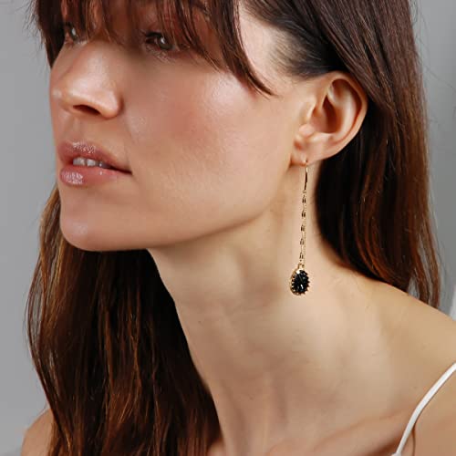 Simulated Druzy Threader Earrings for Women - Gold, Silver, or Rose Gold Tone Long Chain Earrings with Boho Created Geode Stone - color: Gold - Black Stone