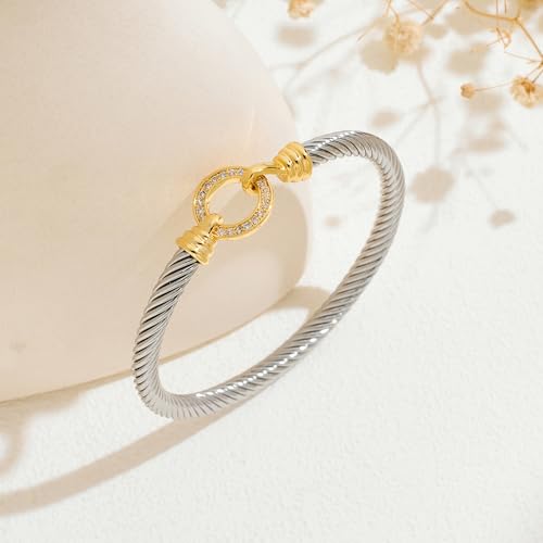 WOWORAMA Twisted Cable Wire Cuff Bracelets for Women Two Tone Gold Silver Cuff Bracelet Unisex Mixed Metal Bangle Bracelets Jewelry - color: Silver Circle