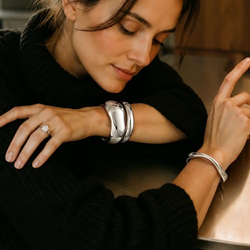 Chunky Gold Bangle Bracelets for Women Trendy 14K Gold Plated Cuff Bracelets Stack, Dainty Gold Bracelet Sets Non Tarnish Fashion Jewelry Gift - style: Silver-3pc-010