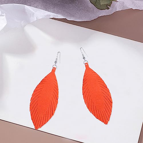 Large Genuine Soft leaf Leather Handmade Fringe Tassel Feather Lightweight Tear Drop Dangle Color Earrings for Women - color: Orange
