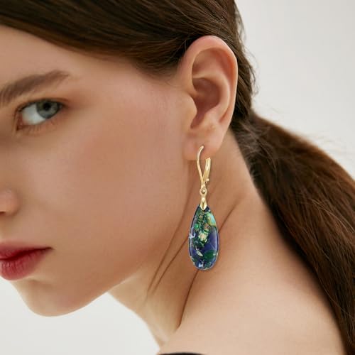 XGALBLA Boho Long Teardrop Stone Dangle Drop Earrings for Women Natural Healing Stone Leverback Earrings Statement Gold Tone - color: Blue&Green- Golden Leverback