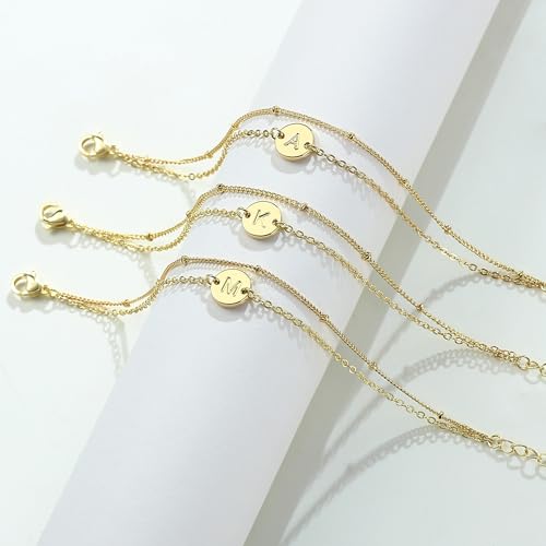 MONOZO Gold Initial Bracelets for Women Girls Jewelry Gifts Trendy - Dainty 18K Gold Plated Disc Monogram Letter A-Z Initial Bracelets for Women Girls Teens Personalized Letter Bracelet Birthday Gifts - color: Gold, style: C
