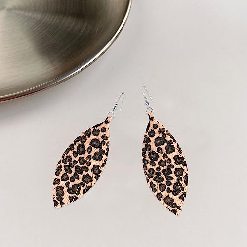Large Genuine Soft leaf Leather Handmade Fringe Tassel Feather Lightweight Tear Drop Dangle Color Earrings for Women - color: Light Leopard