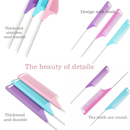 Schembo 10 Packs Rat Tail Combs Metal Pick Styling Parting Lightweight Sectioning Fine Tooth Combs with Heat Resistant Teasing Comb for Women, Men, Girls Hair Styling