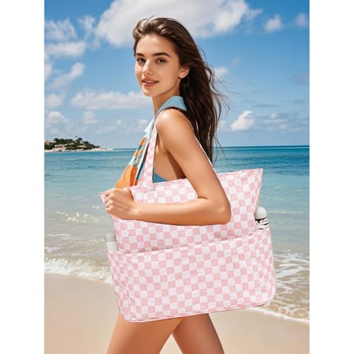 Bluboon Waterproof Beach Tote Pool Bags for Women Ladies Extra Large Carry On Bag With Wet Compartment for Weekender Travel - color: Checked Pink White
