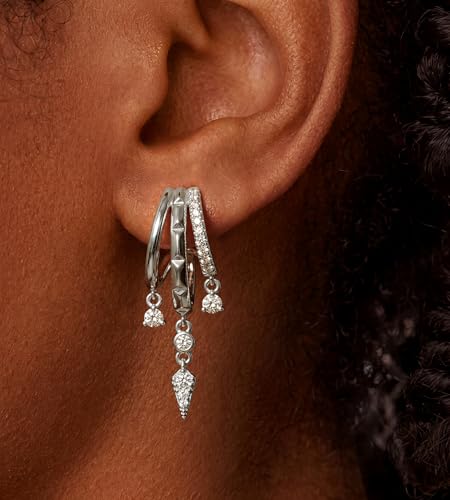 Triple Huggie Stacked Earrings for Women Gold Chain Drop Dangle Earrings Cute Statement CZ Earrings Trendy Dainty Jewelry Gift - color: Silver 5