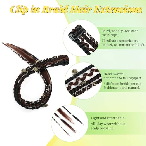 2PCS Boho Dreadlock Clip In Braids with Charms and Beads, Handmade Dreadlock Braids Hair Extensions Synthetic Braided Hairpieces for Women (Dark Brown Mix 16 Inch) - color: Dark Brown Mix, size: 16 Inch