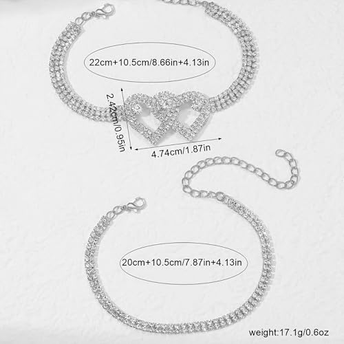 KaFu Heart Rhinestone Ankle Bracelets for Women, Adjustable Silver Shiny Tennis Anklets, Twinkle Cubic Zircon Diamond Anklet Foot Chain Beach Summer Jewelry Gifts - color: silver