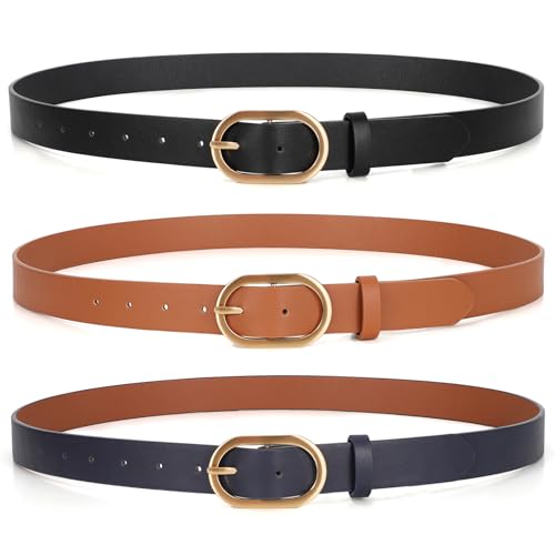 XZQTIVE 3 Pack Plus Size Women's Leather Belts for Jeans Pants Dress Fashion Gold Buckle Ladies Waist Belt - color: E-black+brown+navy, size: XXX-Large: fits waist from 53"-57"