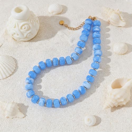Chunky Colorful Beaded Necklaces for Women Big Bead Boho Choker Necklace Trendy Heart Statement Necklace Summer Beach Jewelry Mothers Day Gifts for Mom Daughter - color: Round Sky-blue Beads