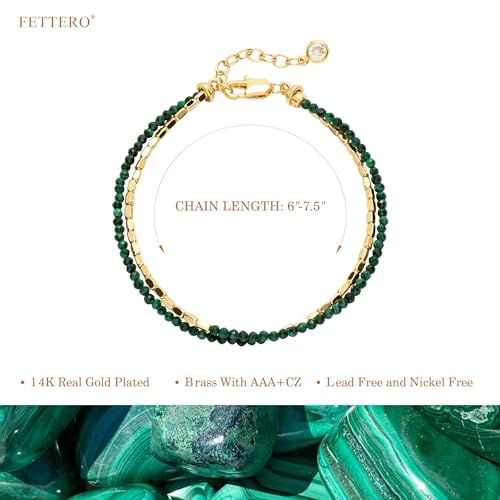 Fettero Beaded Bracelets for Women Charm Natural Stone Handmade Beads White Gold Plated Dainty Gold Bracelets Non Tarnish Boho Summer Beach Vacation Jewelry - color: Green Square-Malachite