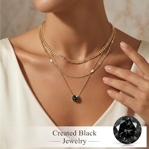 WomenGifts Layered Gold Necklaces for Women, 14K Gold Sterling Silver Plated Dainty Pendant Necklace Set Non Tarnish, Chunky Stackable Cuban Chain Choker, Trendy Birthstone Vacation Jewelry Gift - color: Gold, style: Cubic Zirconia-Created Black Diamond